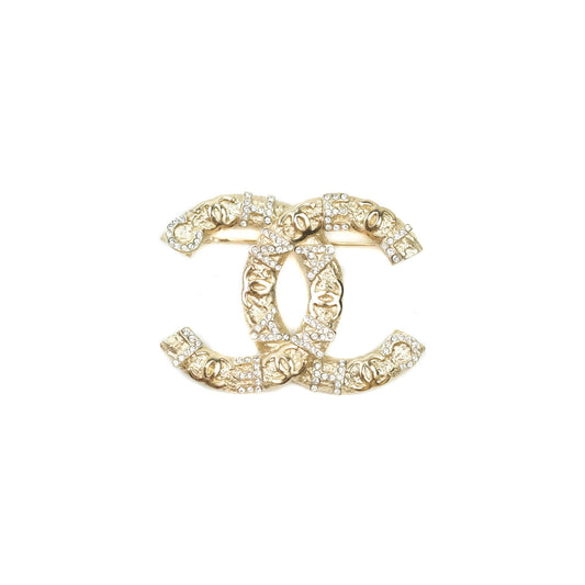 Chanel CC Logo Rhinestone Brooch Gold Tone 21P