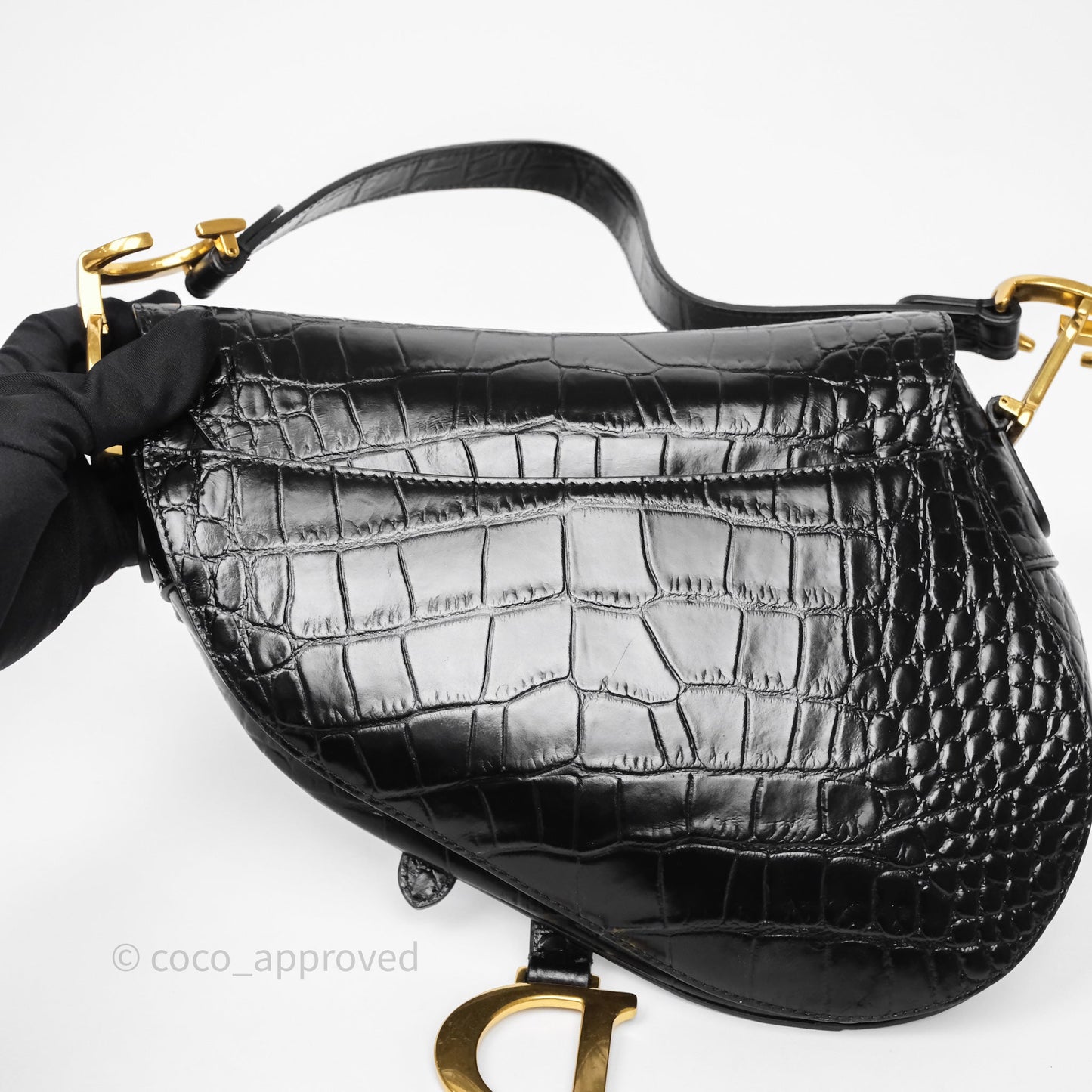 Christian Dior Saddle Bag Black Shiny Crocodile Gold Hardware