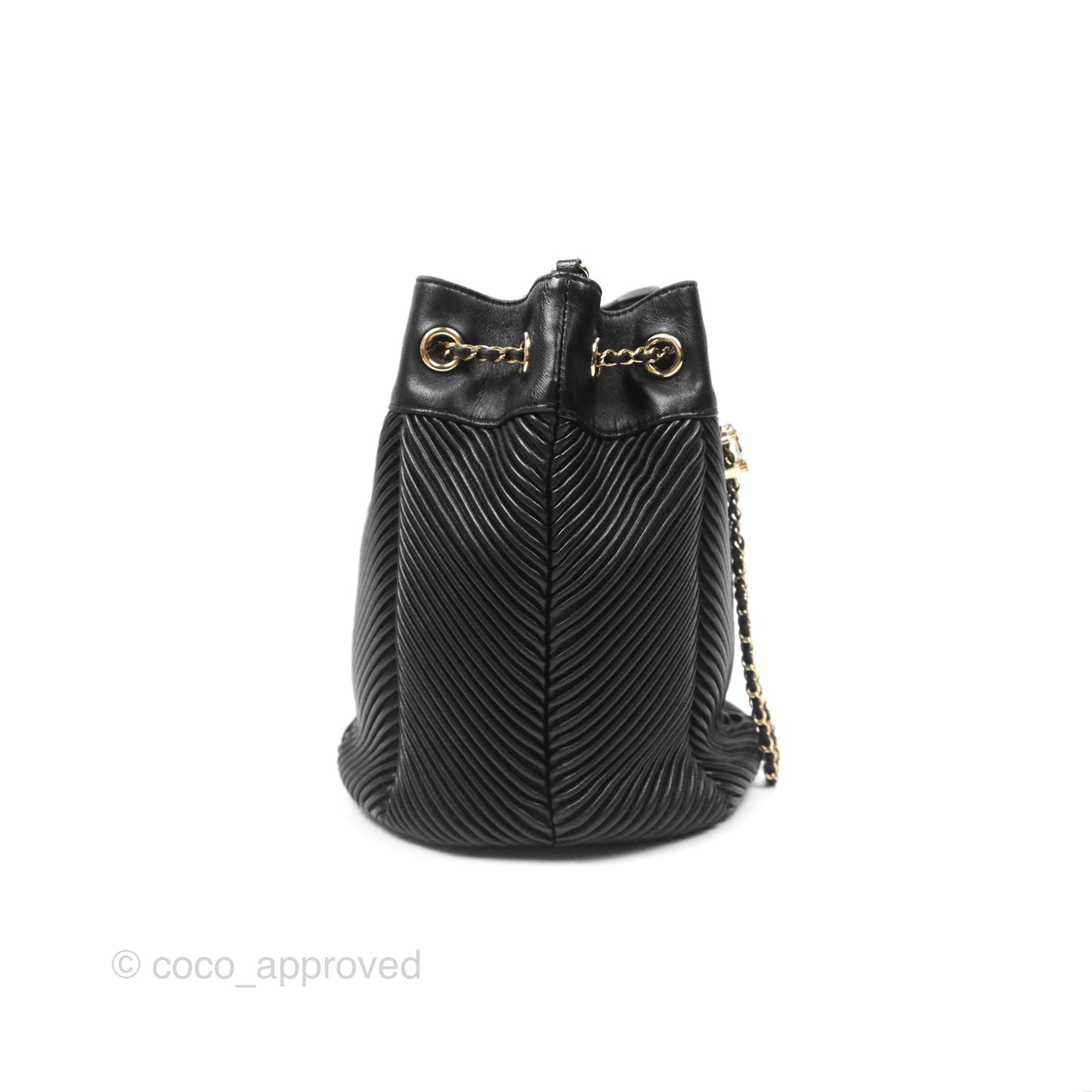 Chanel CC Chain Drawstring Bucket Bag Chevron Black Lambskin Gold Hardware