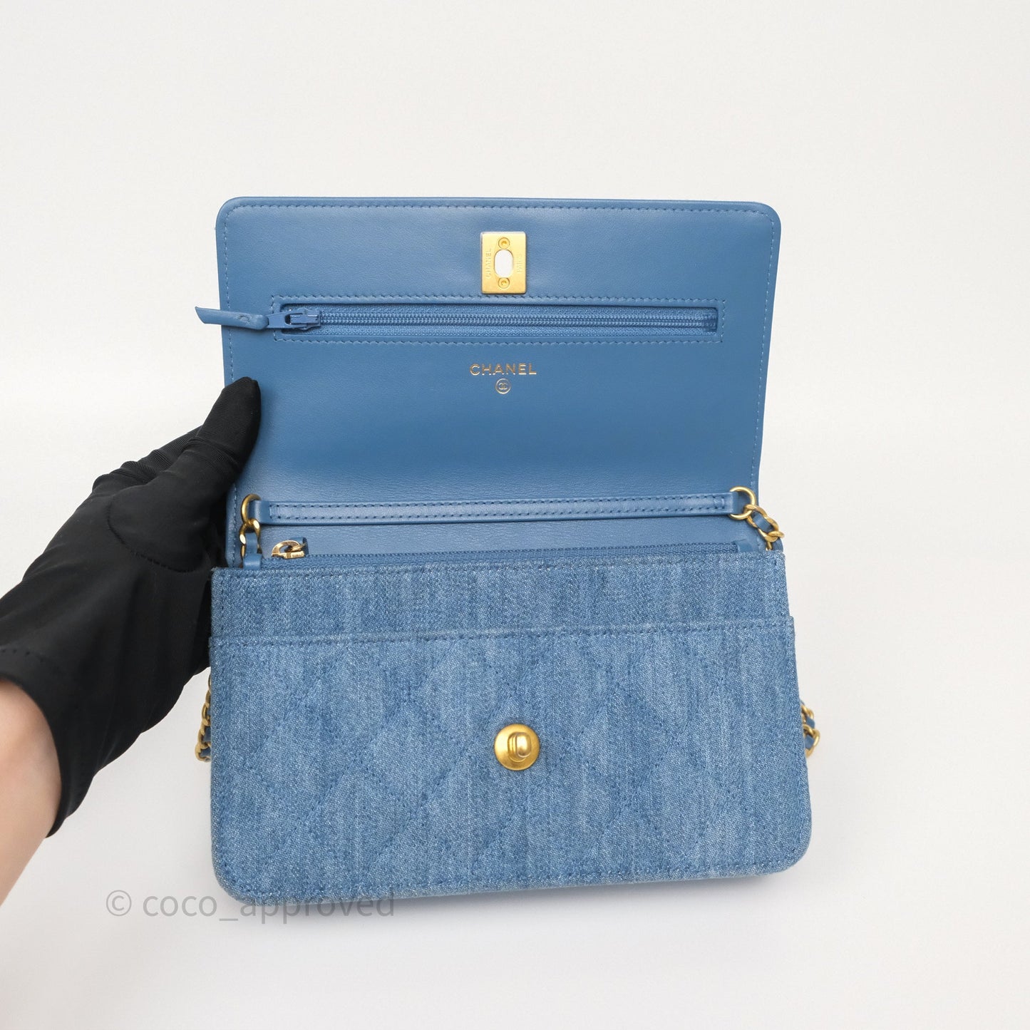 Chanel Quilted Pearl Crush Wallet on Chain WOC Denim Aged Gold Hardware