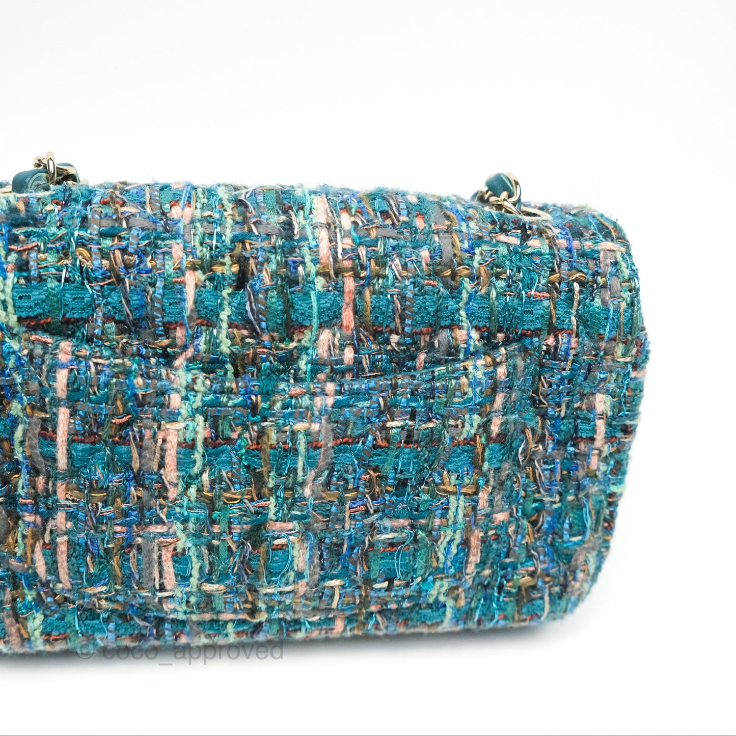 Chanel Mini Rectangular Flap Teal Tweed Gold Hardware