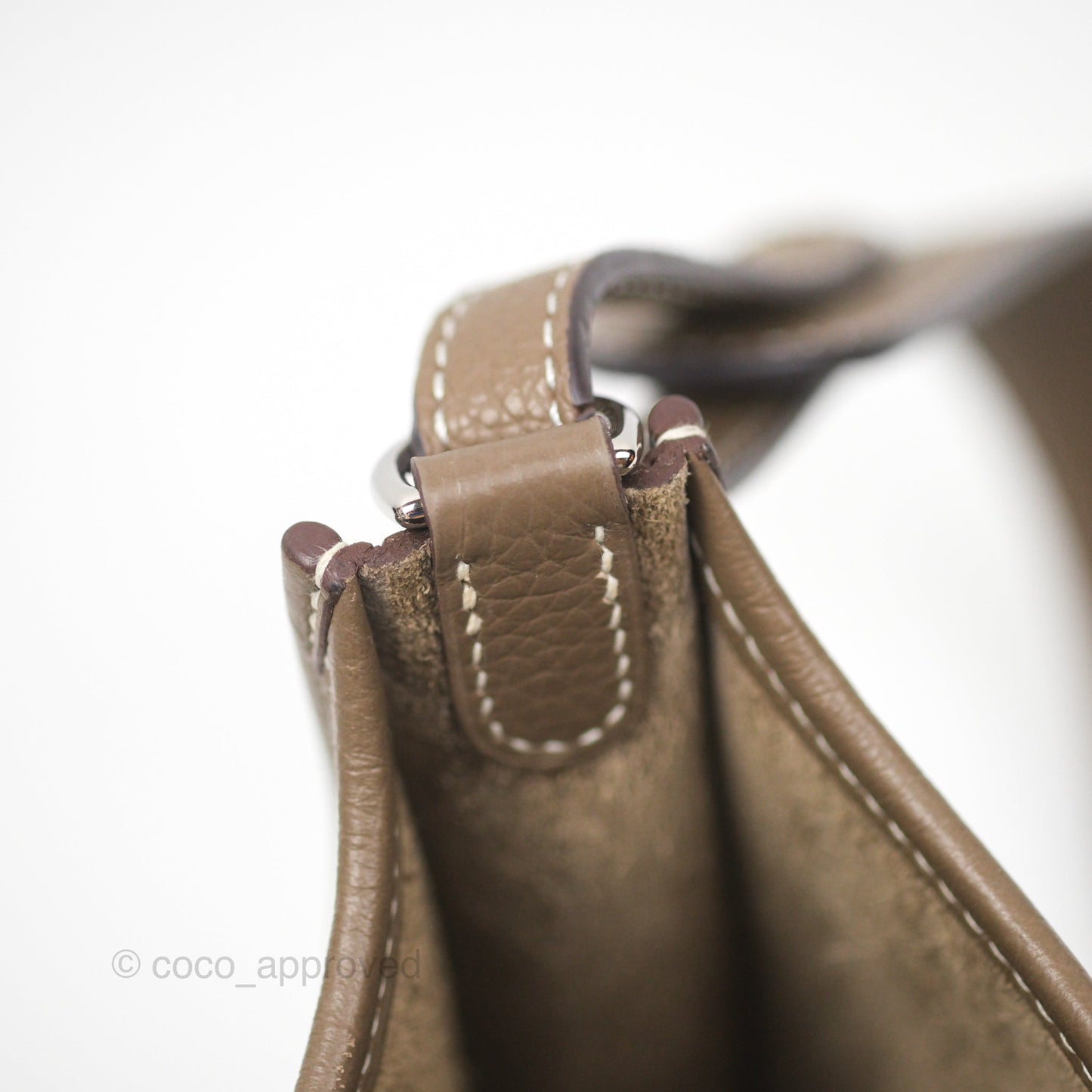 Hermès Mini Evelyne 16 Etoupe 18 Clemence Palladium Hardware with Bleu Indigo Strap