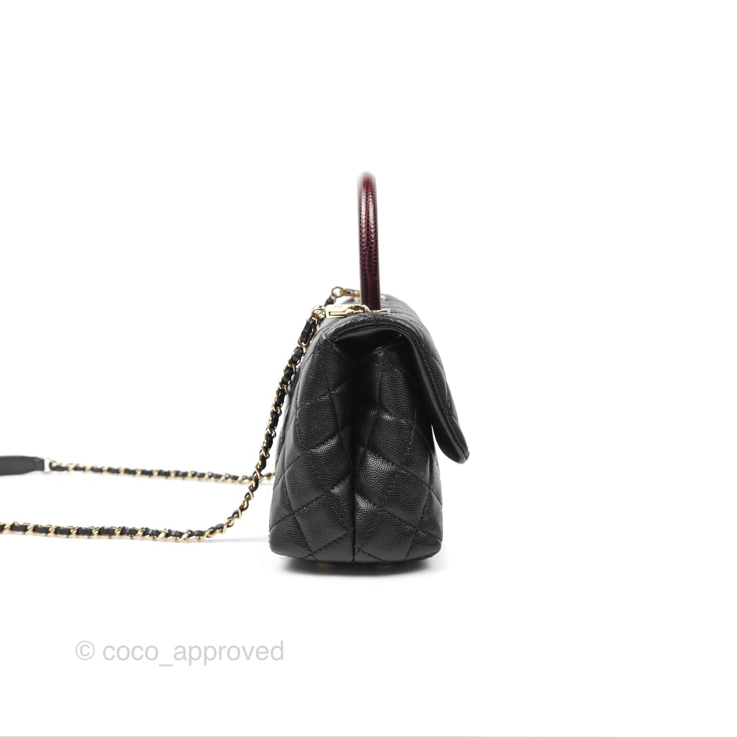 Chanel Small Coco Handle Black Caviar Gold Hardware Lizard Embossed Handle