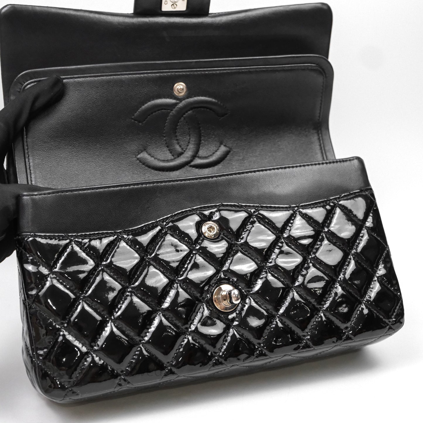 Chanel Medium Classic Flap Quilted Black Patent Silver Hardware