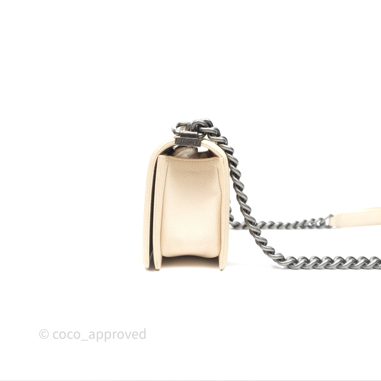 Chanel Small Boy Chevron Beige Caviar Ruthenium Hardware
