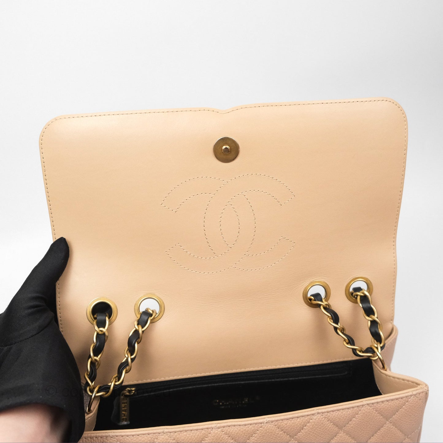Chanel Quilted Medium CC Filigree Flap Beige Black Caviar