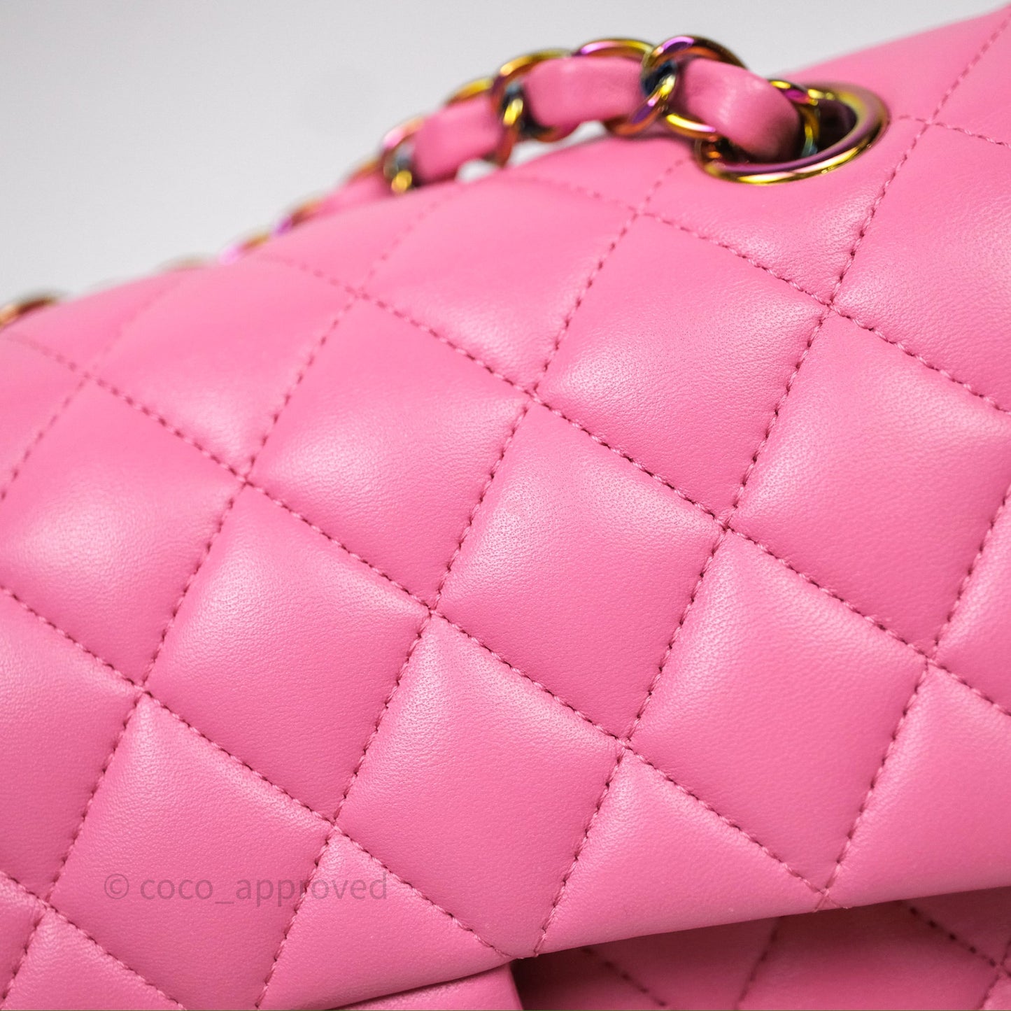 Chanel Small Classic Flap Quilted Pink Lambskin Rainbow Hardware