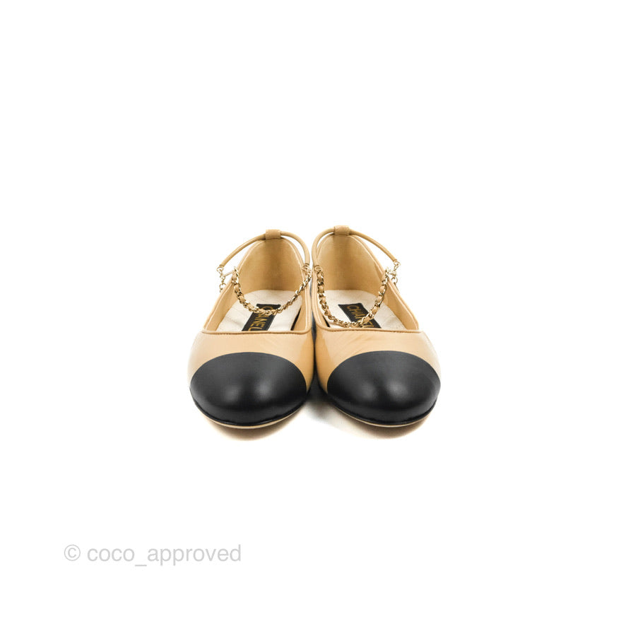 Chanel Cap Toe Ankle Chain Ballerina Flats Black/Beige