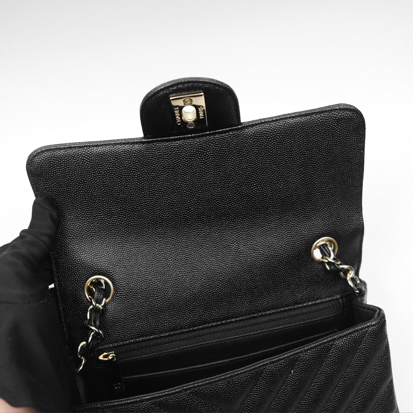 Chanel Chevron Mini Rectangular Flap Black Caviar Gold Hardware