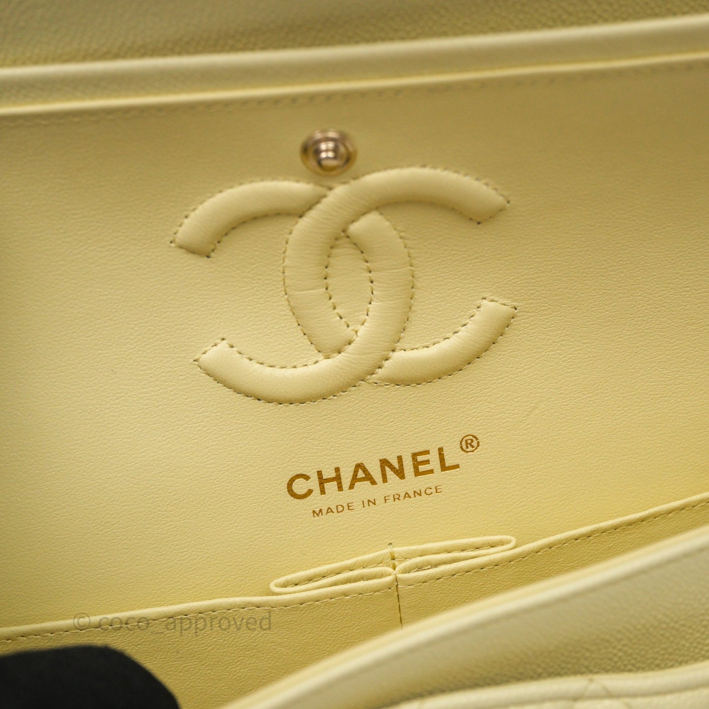 Chanel Small Classic Quilted Flap Light Yellow Caviar Gold Hardware