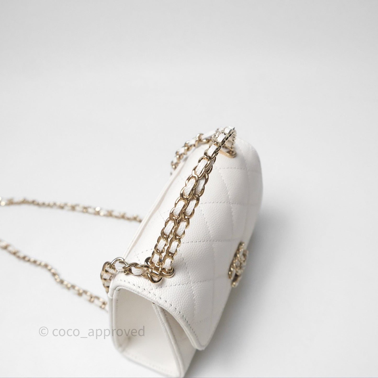 Chanel Small Top Handle Clutch with Chain White Caviar Light Gold Hardware 23P