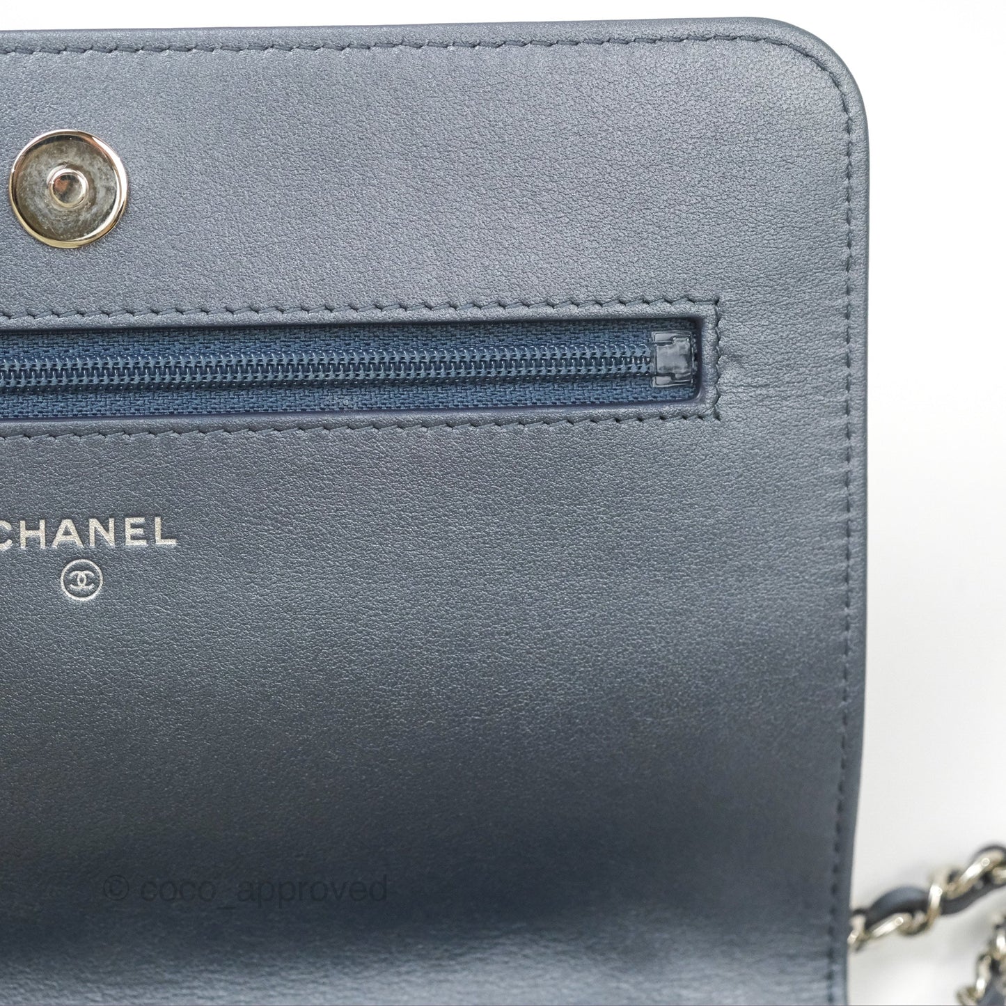 Chanel Camellia Wallet on Chain WOC Iridescent Navy Calfskin Silver Hardware