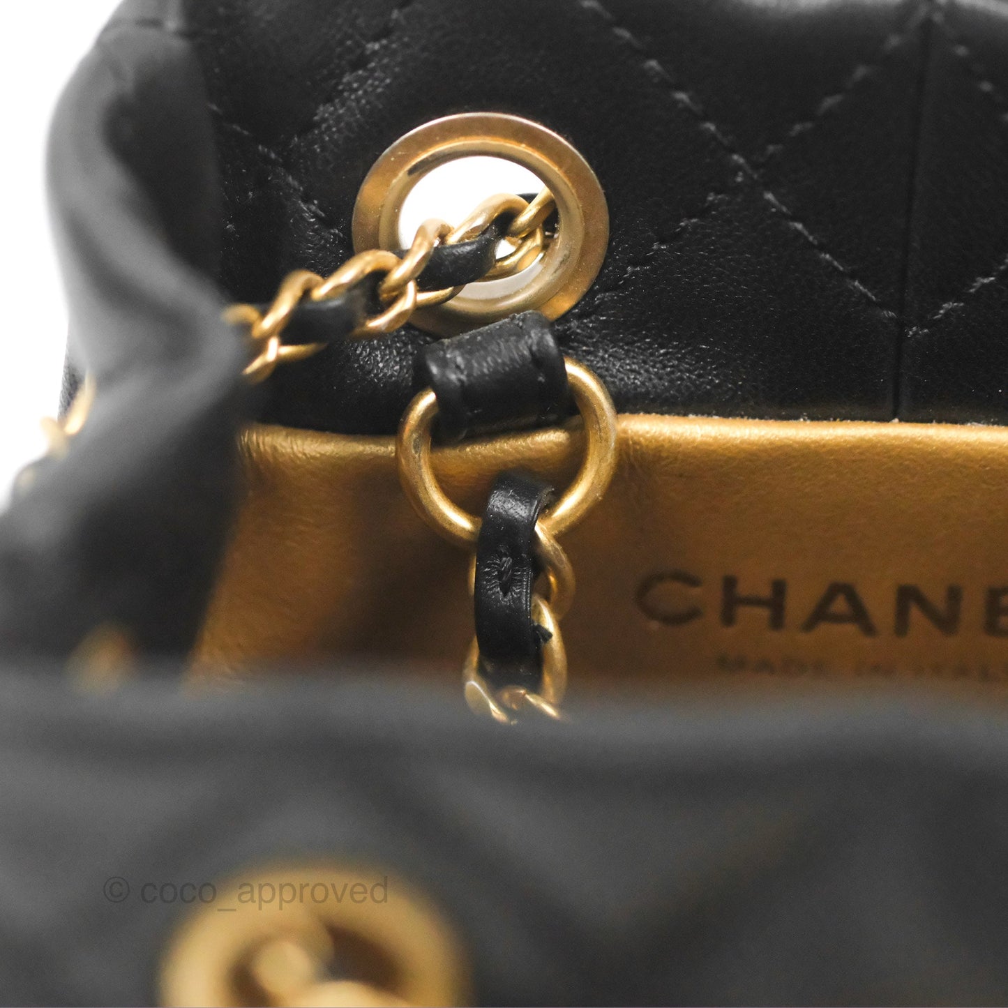 Chanel Pearl Crush Bucket Bag Black Lambskin Aged Gold Hardware