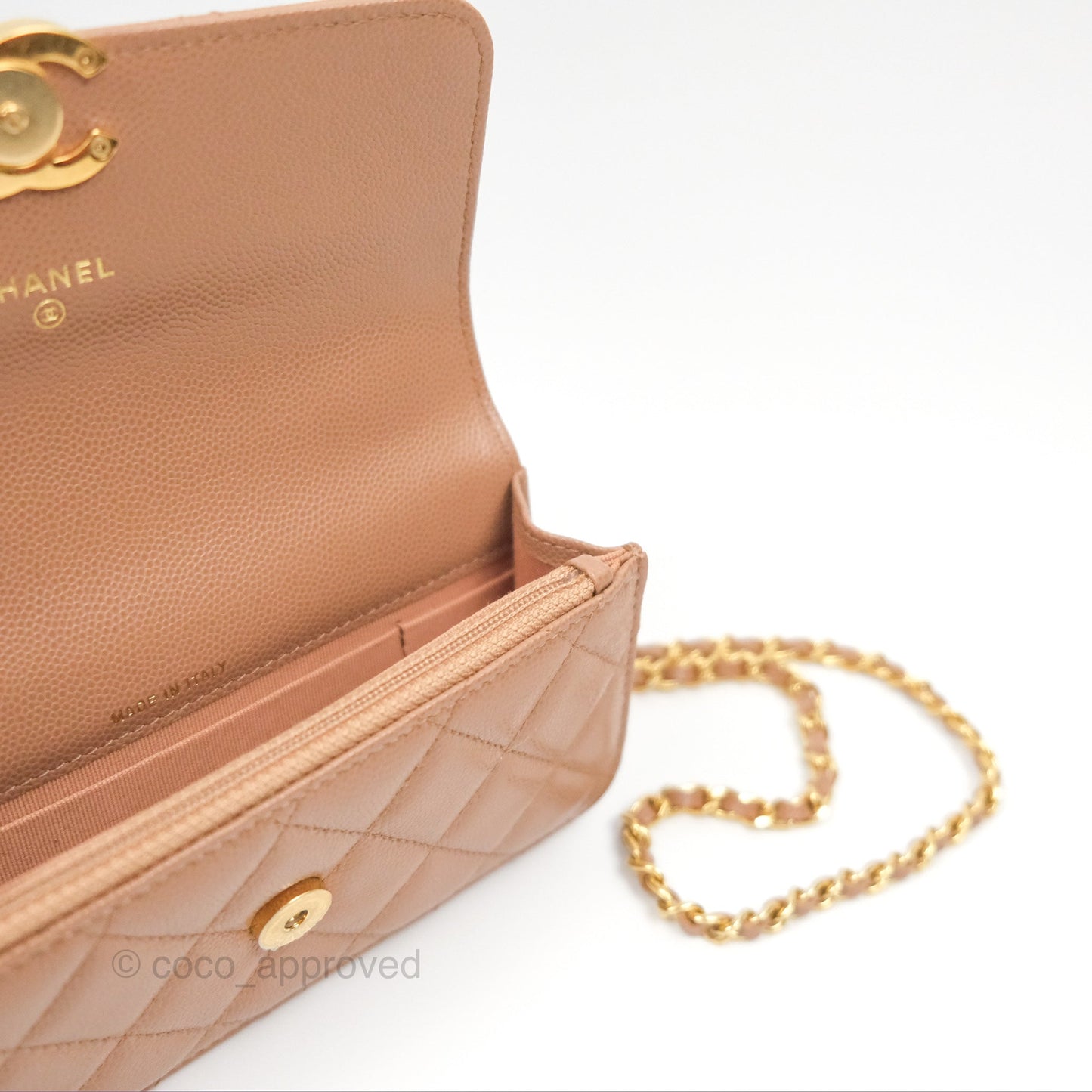 Chanel Coco First Phone Holder Dark Beige Caviar Gold Hardware 22K