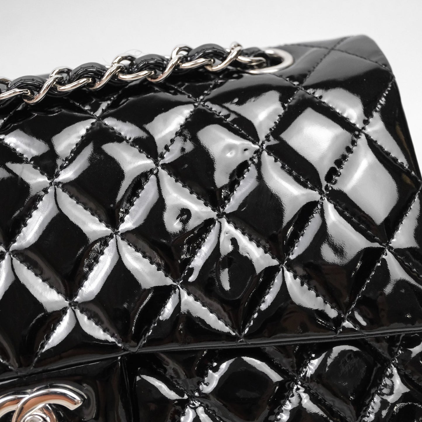 Chanel Medium Classic Flap Quilted Black Patent Silver Hardware