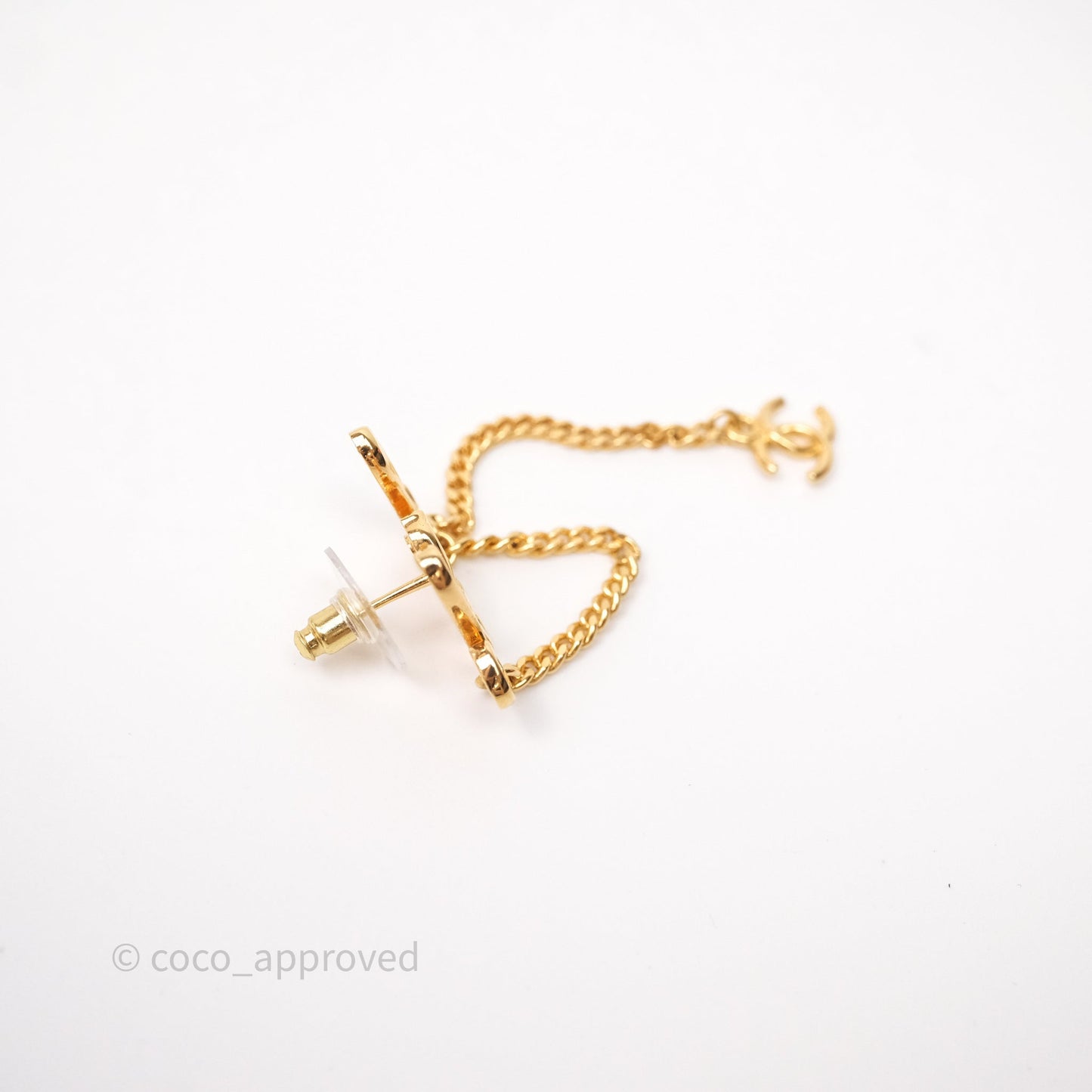 Chanel Metal Logo Drop Chain Earrings Gold Tone 24C
