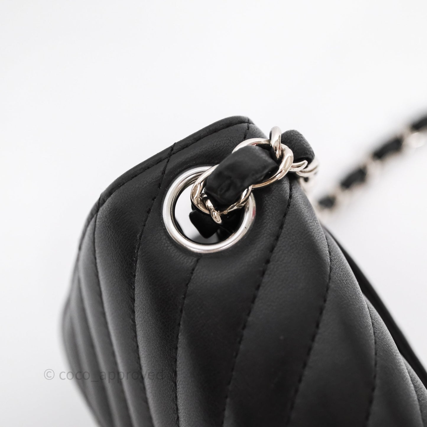 Chanel Mini Square Black Lambskin Chervon Bag Silver Hardware
