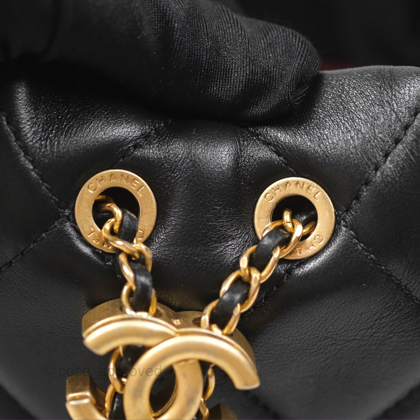Chanel Quilted My Perfect with Pearl Drawstring Bucket Bag Black Lambskin Aged Gold Hardware