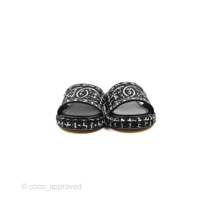Chanel CC Sandals Black Tweed Size 35