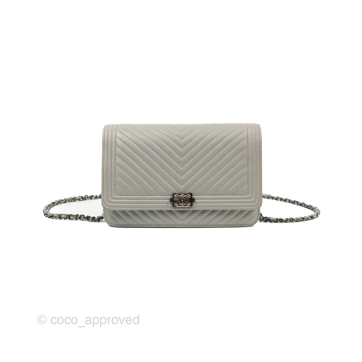 Chanel Chevron Boy Wallet on Chain WOC Grey Lambskin Gun Metal