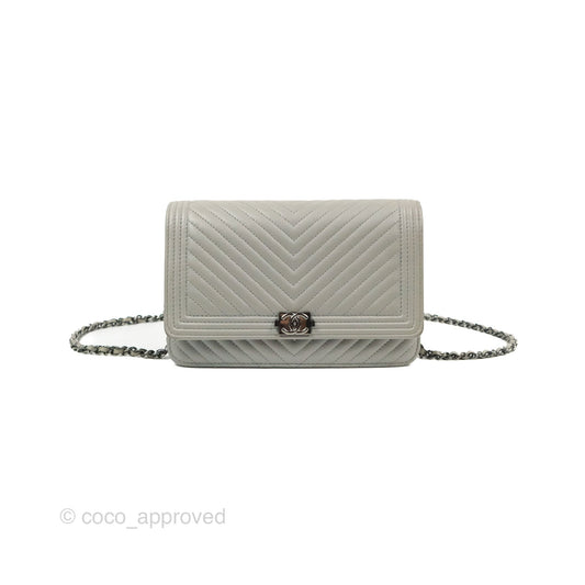 Chanel Chevron Boy Wallet on Chain WOC Grey Lambskin Gun Metal
