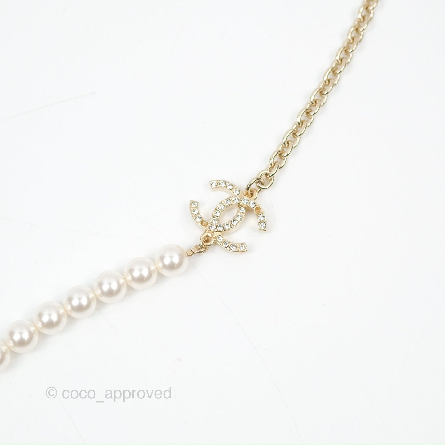 Chanel Crystal CC No.5 Pearl Necklace Gold Tone 21S