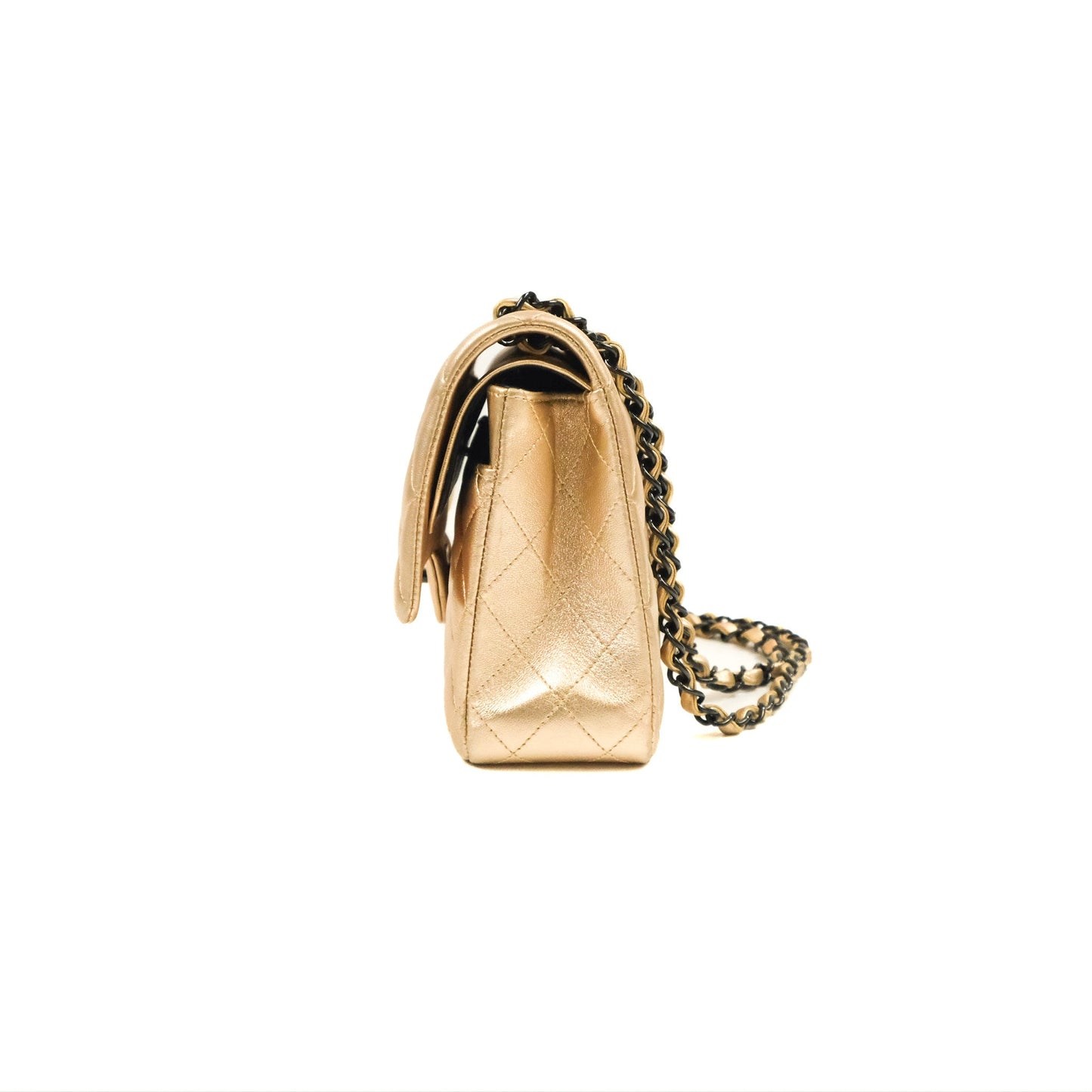 Chanel Classic M/L Medium Flap Quilted Metallic Gold Lambskin Gun Metal