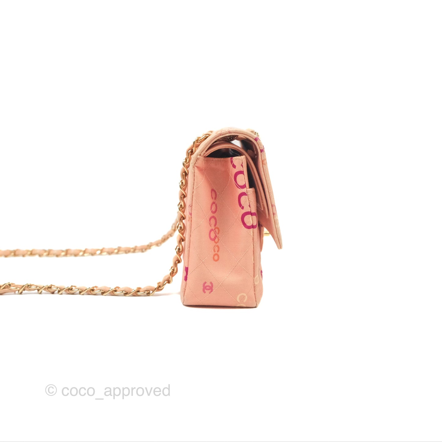 Chanel Coco Logo Medium Classic Flap Quilted Coral Pink Canvas Gold Hardware