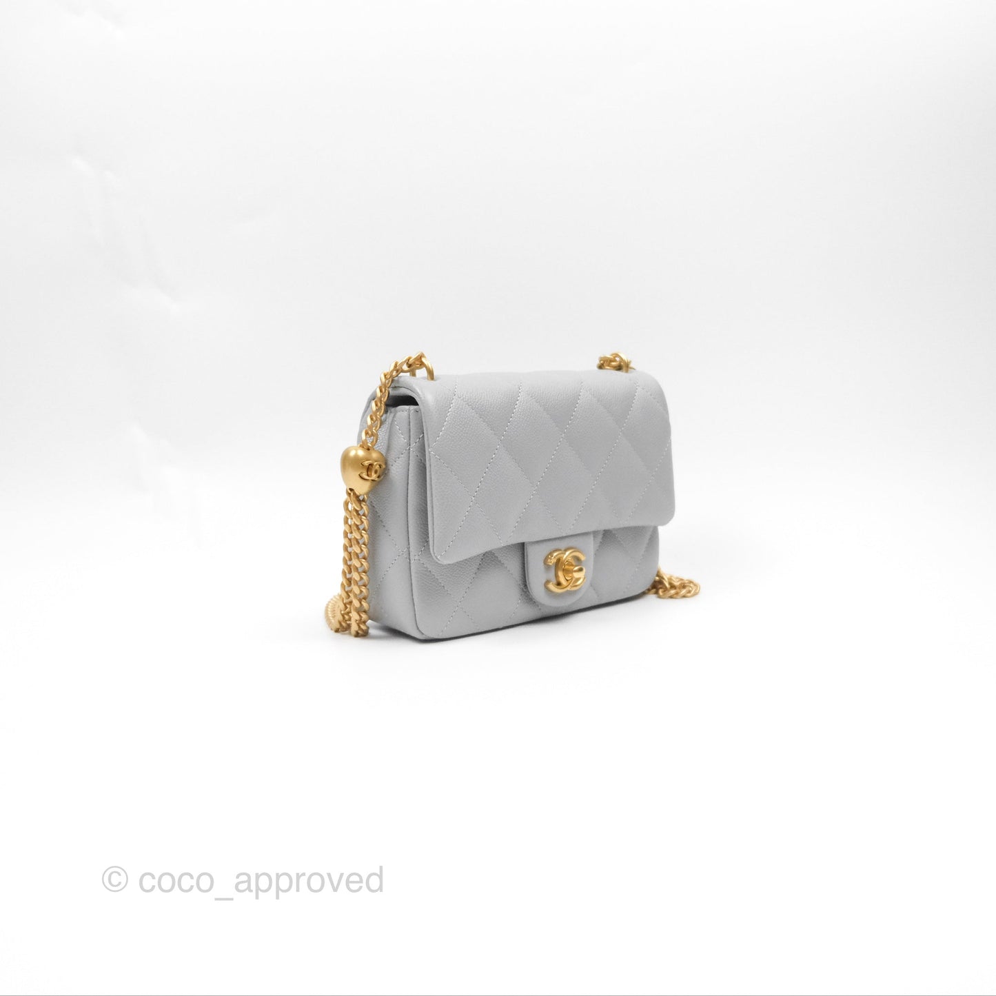 Chanel Mini Flap Bag Heart Adjustable Chain Grey Caviar Aged Gold Hardware