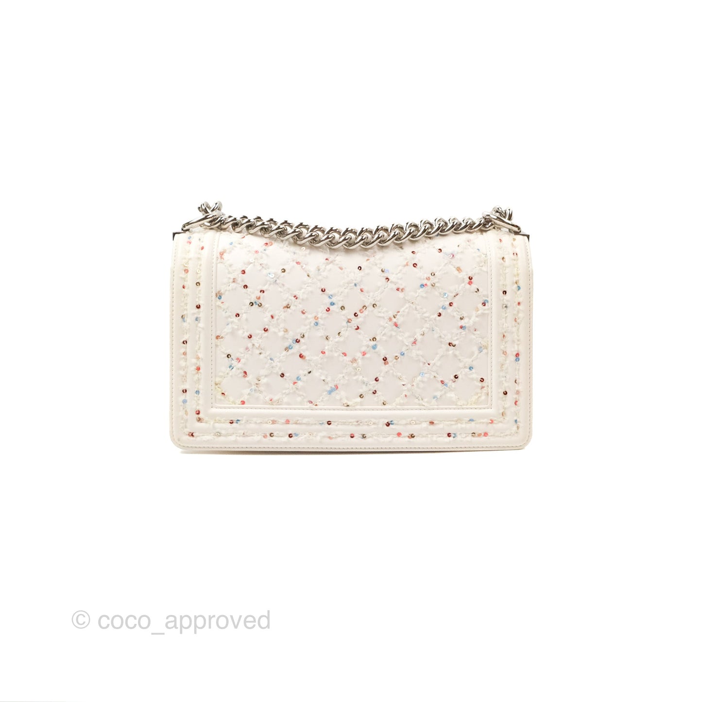 Chanel Medium Boy Sequins Quilted White Lambskin Silver Hardware