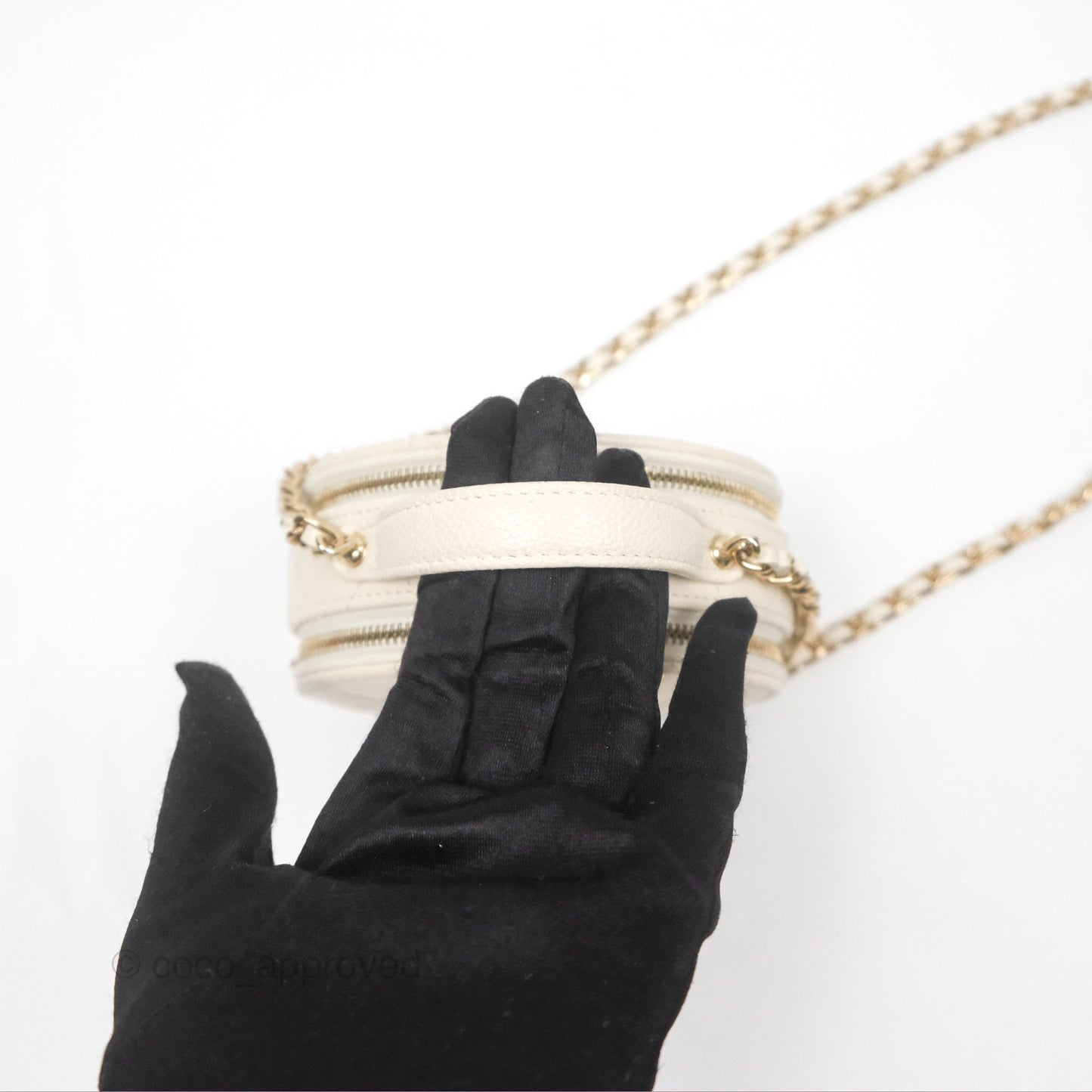 Chanel Mini Round Vanity Bag Handle With Care Ivory Caviar