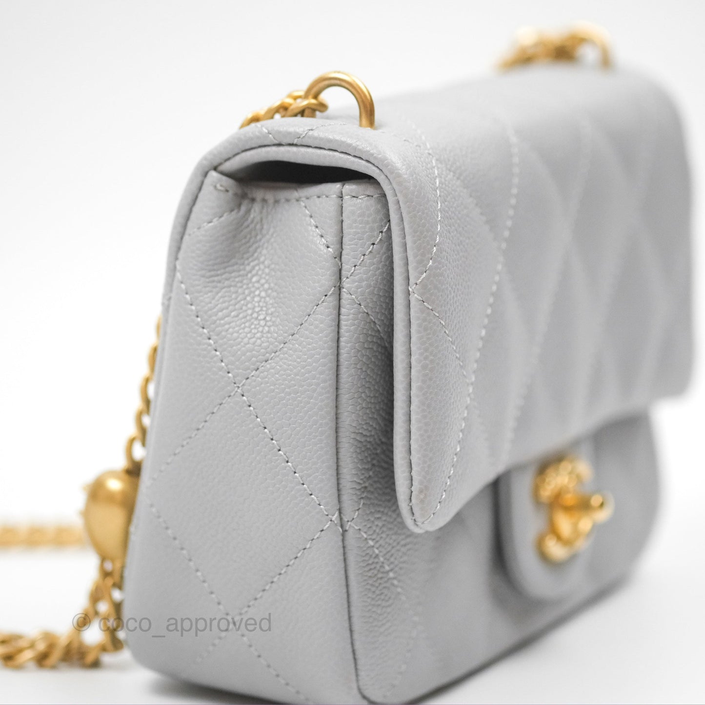 Chanel Mini Flap Bag Heart Adjustable Chain Grey Caviar Aged Gold Hardware 24P