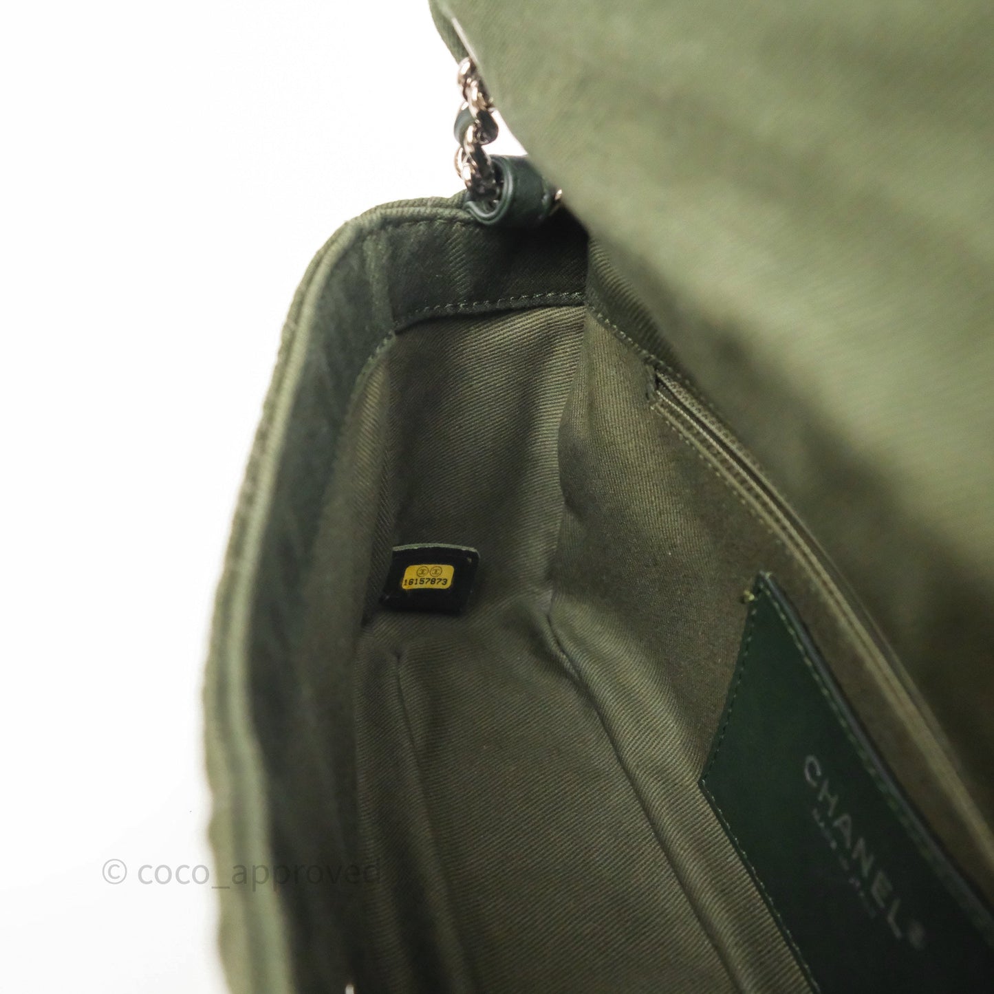 Chanel Camellia Flap Bag Army Green Denim Silver Hardware