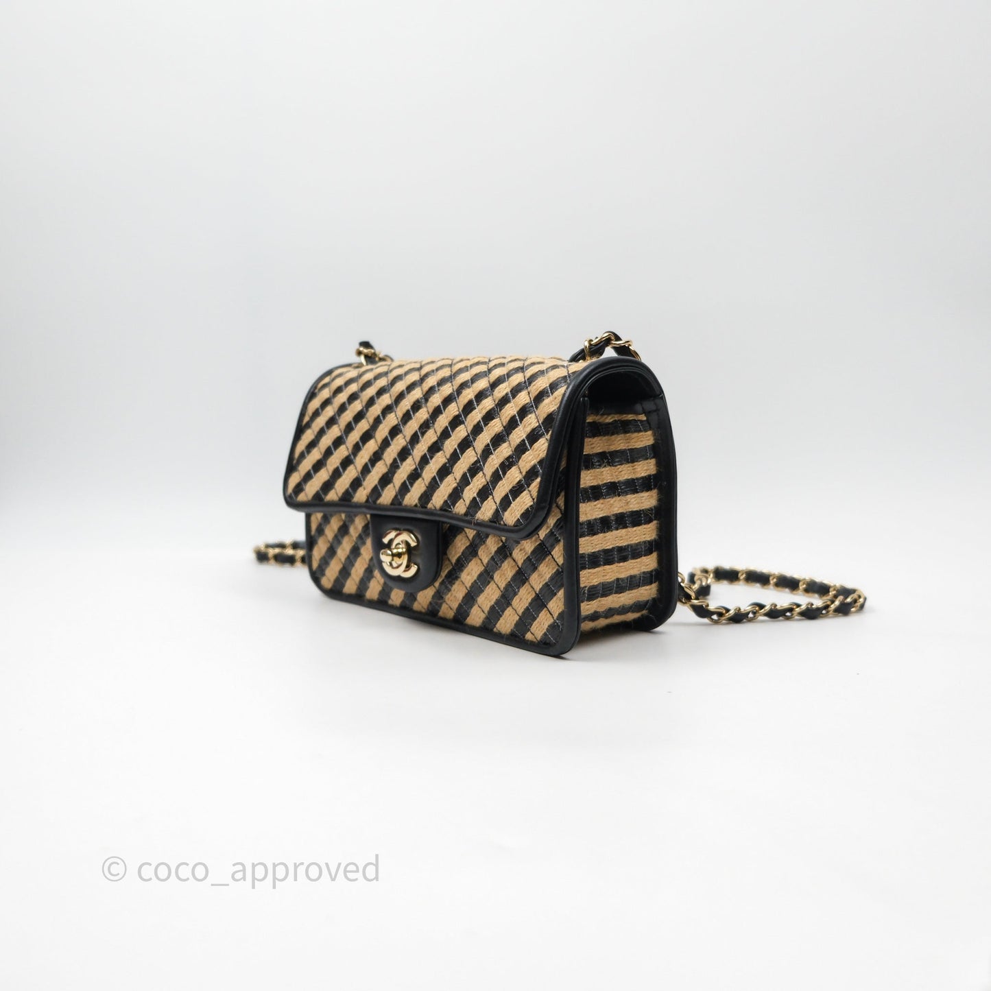 Chanel Quilted Mini Rectangular Flap Raffia Jute Thread Black & Beige Gold Hardware