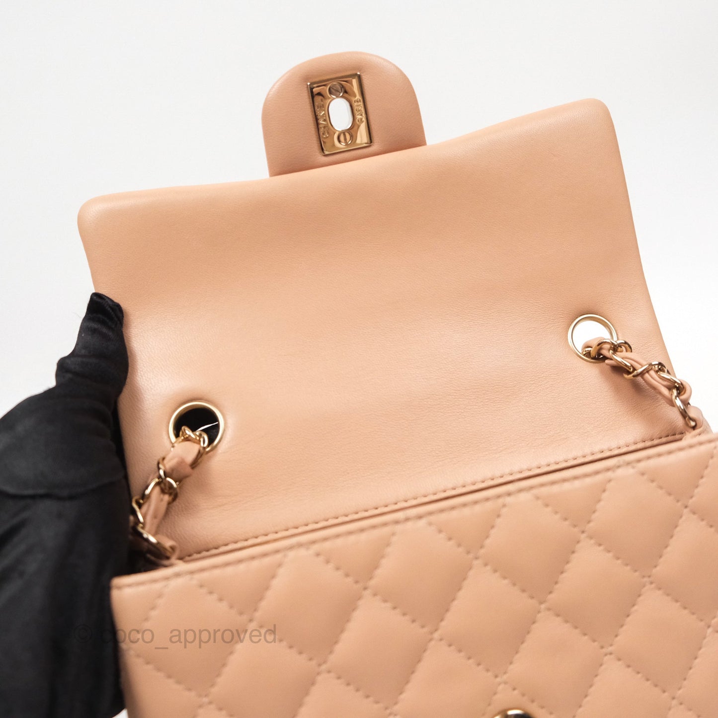 Chanel Quilted Mini Rectangular Flap Beige Lambskin Gold Hardware