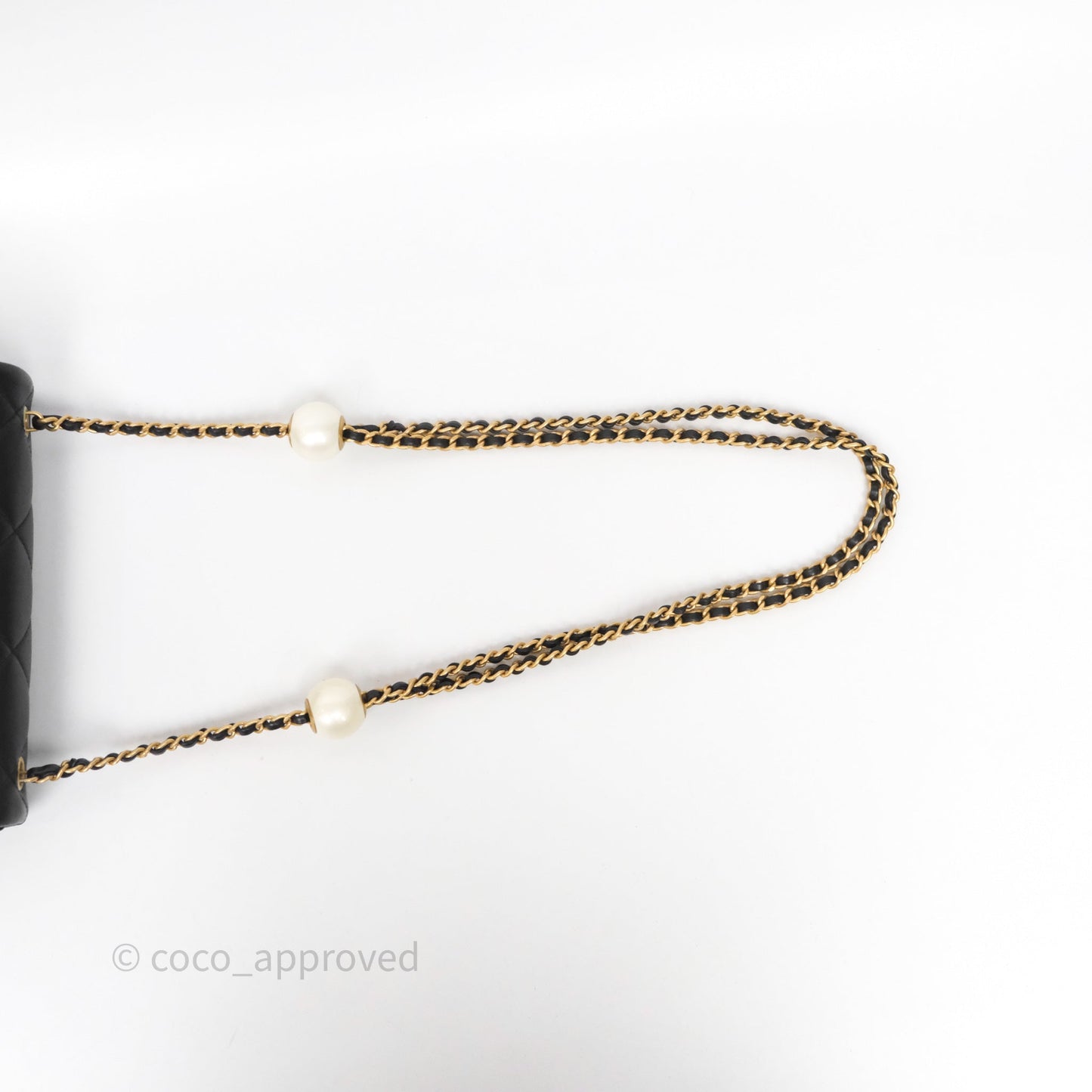 Chanel Quilted Flap Bag with Pearl Chain Black Calfskin Aged Gold Hardware