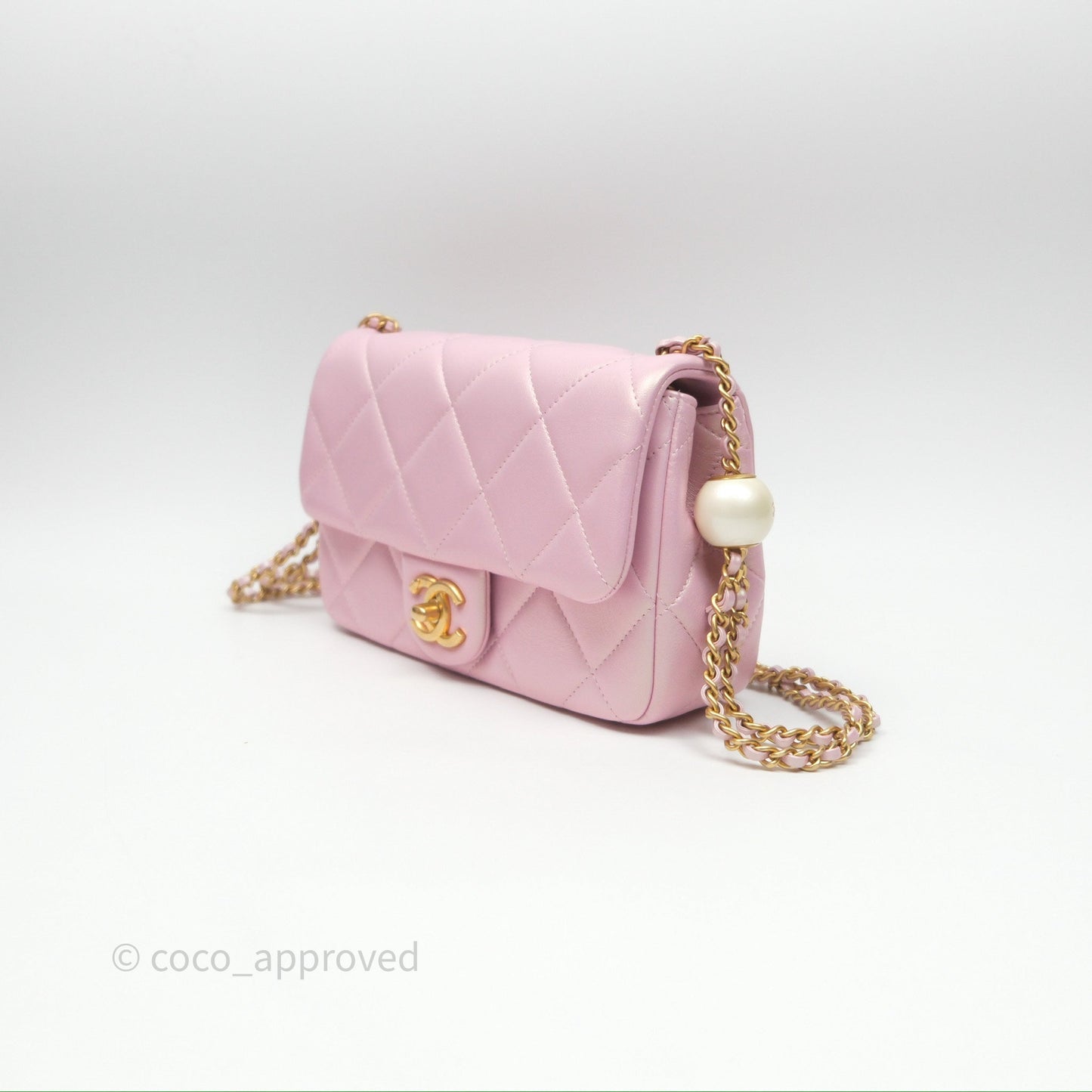 Chanel Mini Flap Bag With Pearl Adjustable Chain Iridescent Pink Lambskin Aged Gold Hardware