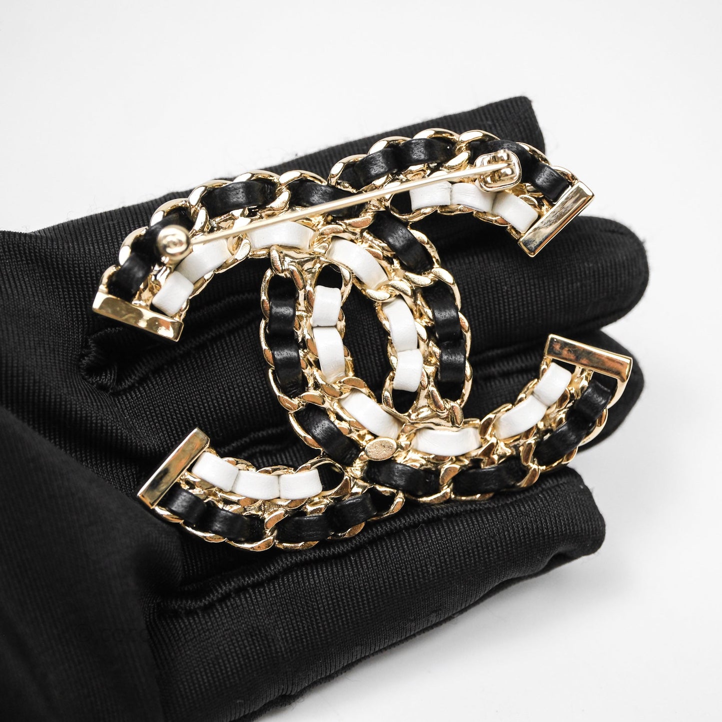 Chanel CC Braided Leather Black & White Brooch Gold Tone 22A