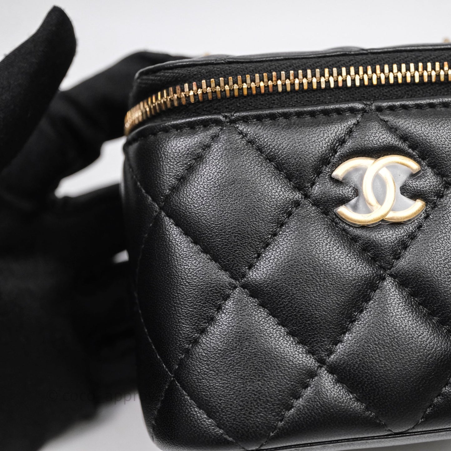 Chanel Mini Vanity With Double Chain Black Lambskin Aged Gold Hardware