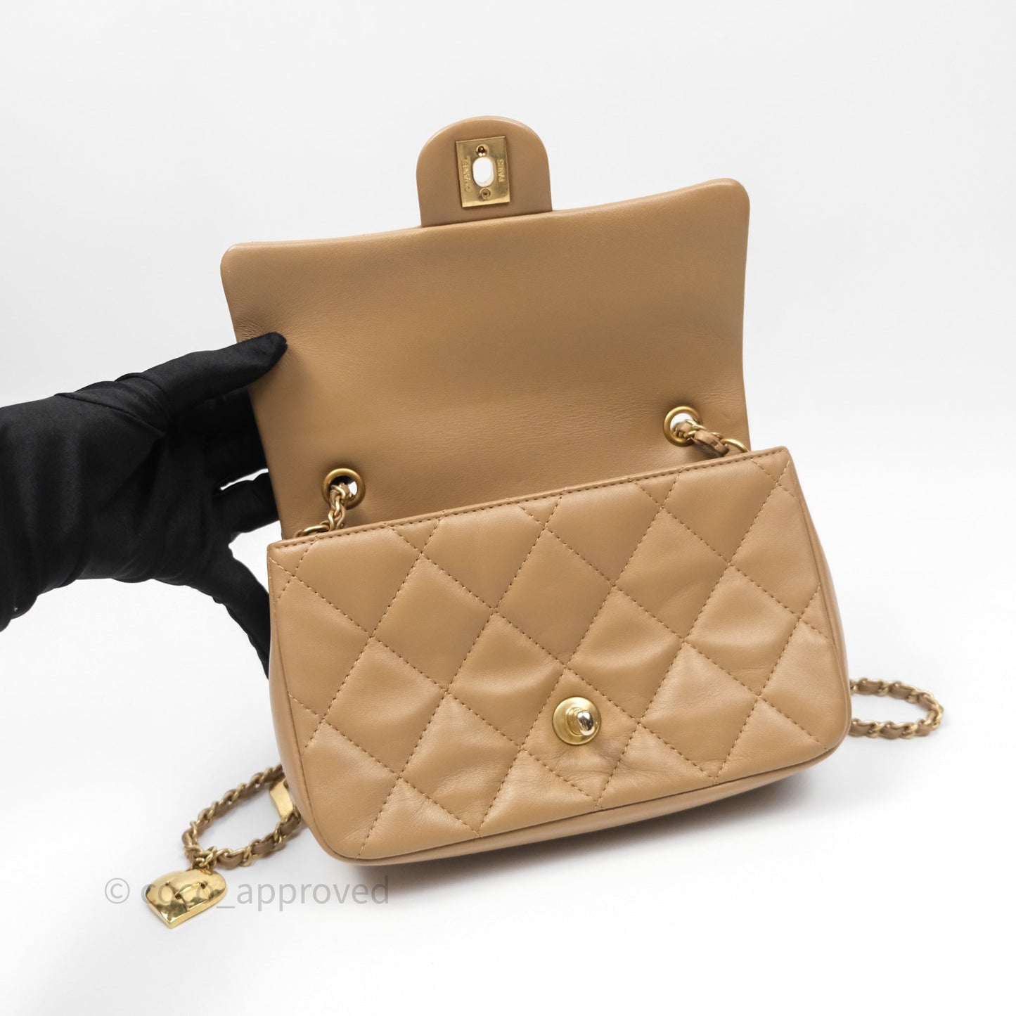Chanel Mini Flap Bag With Heart CC Charm Dark Beige Lambskin Aged Gold Hardware