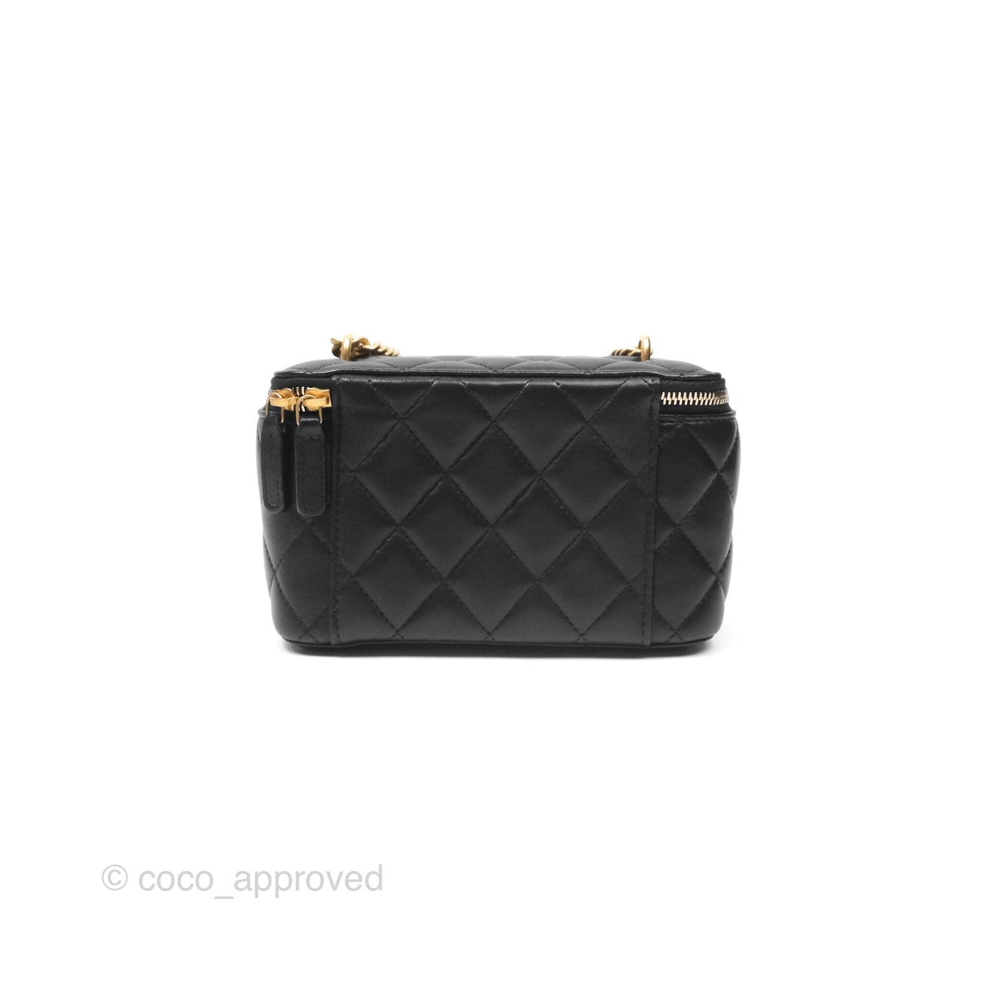 Chanel Quilted Vanity Rectangular with Camellia Adjustable Chain Black Lambskin 23S