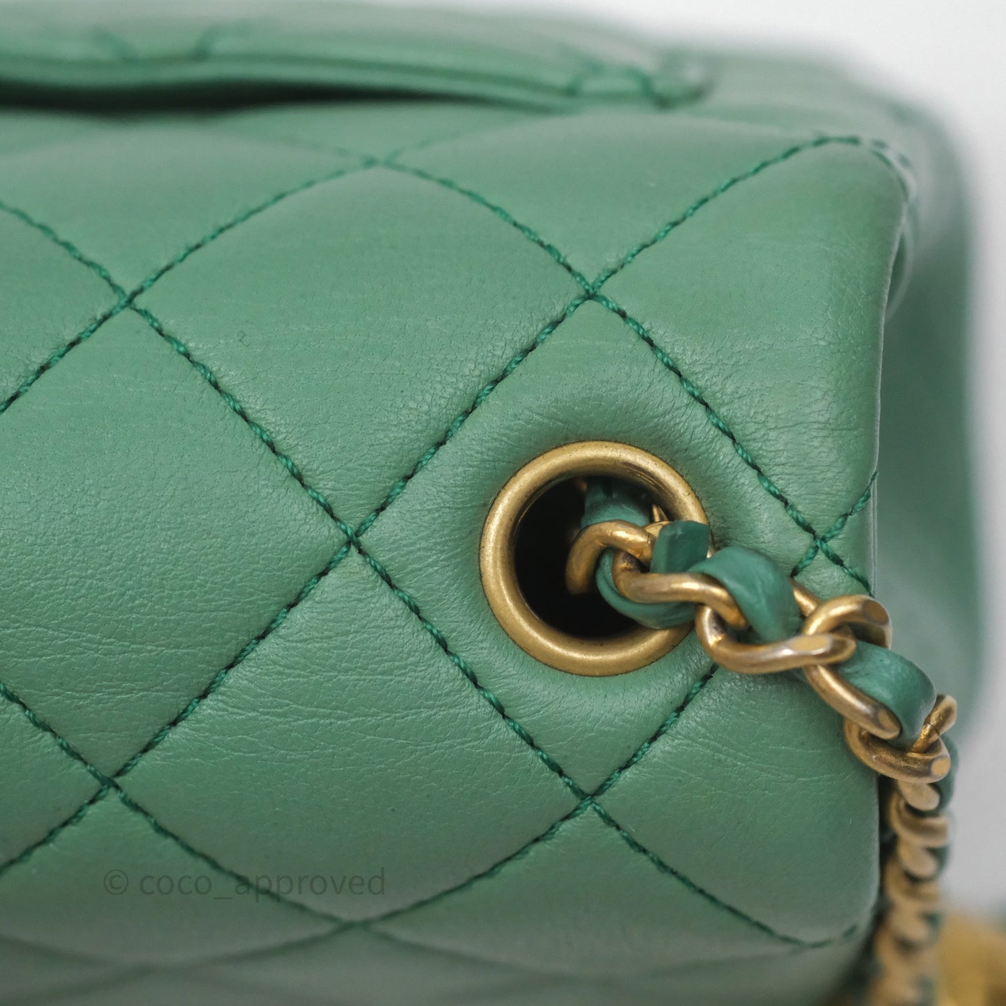 Chanel Pearl Crush Mini Square Quilted Green Lambskin Aged Gold Hardware