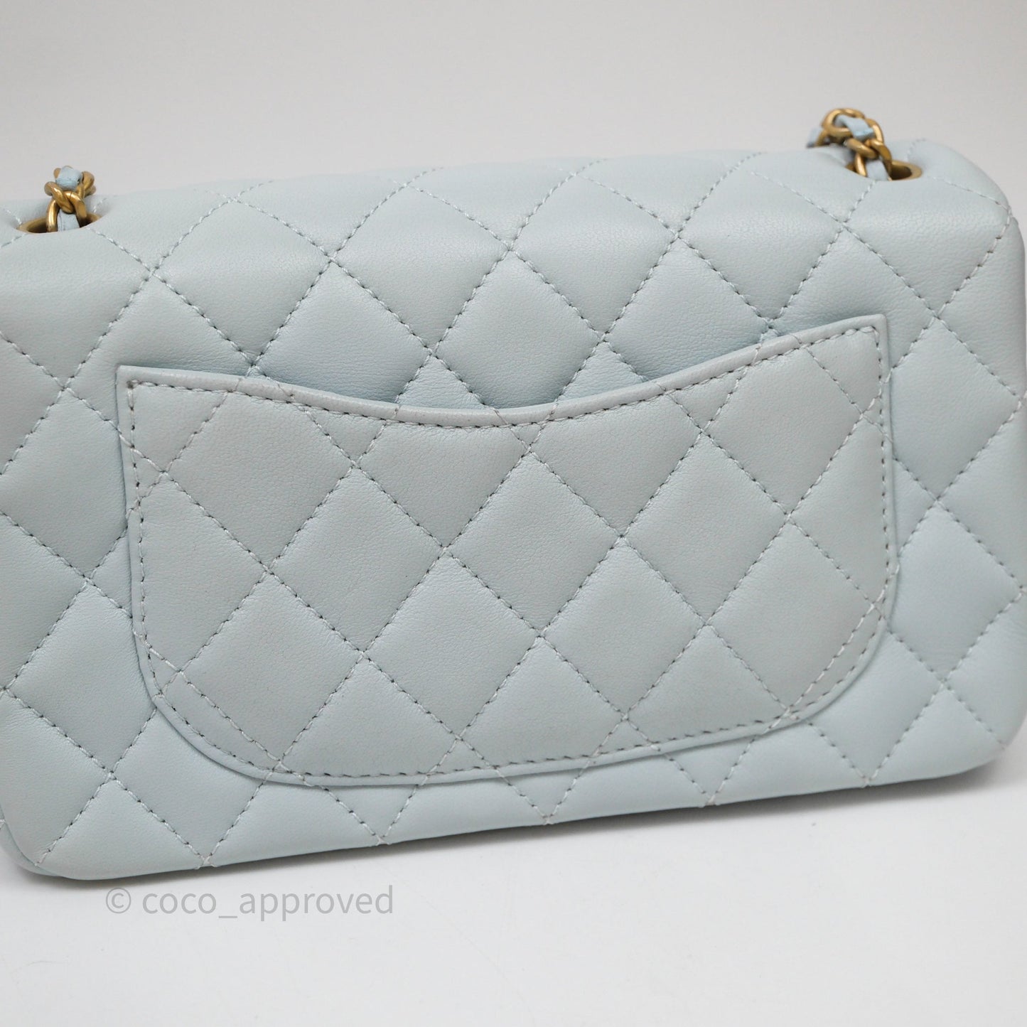 Chanel Pearl Crush Mini Rectangular Light Blue Lambskin Aged Gold Hardware