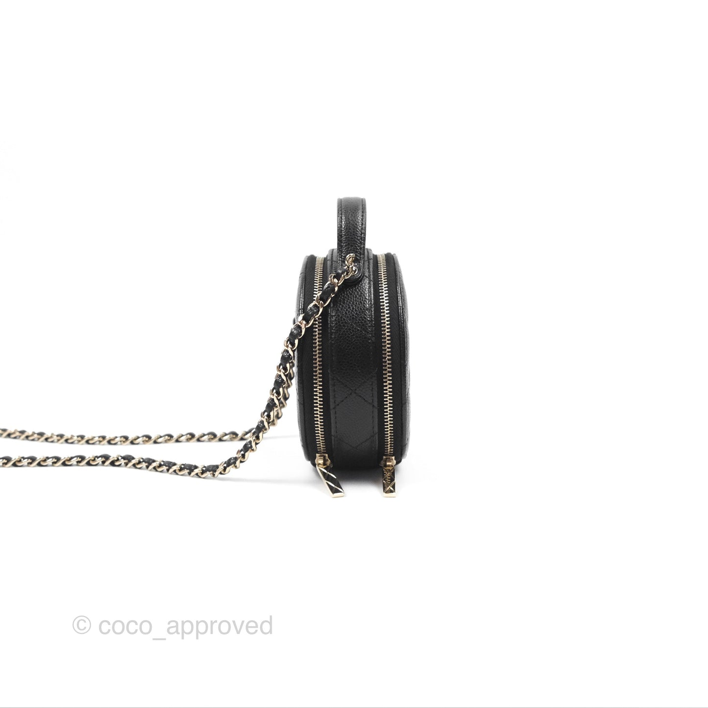 Chanel Mini Round Vanity Bag Handle With Care Black Caviar Gold Hardware