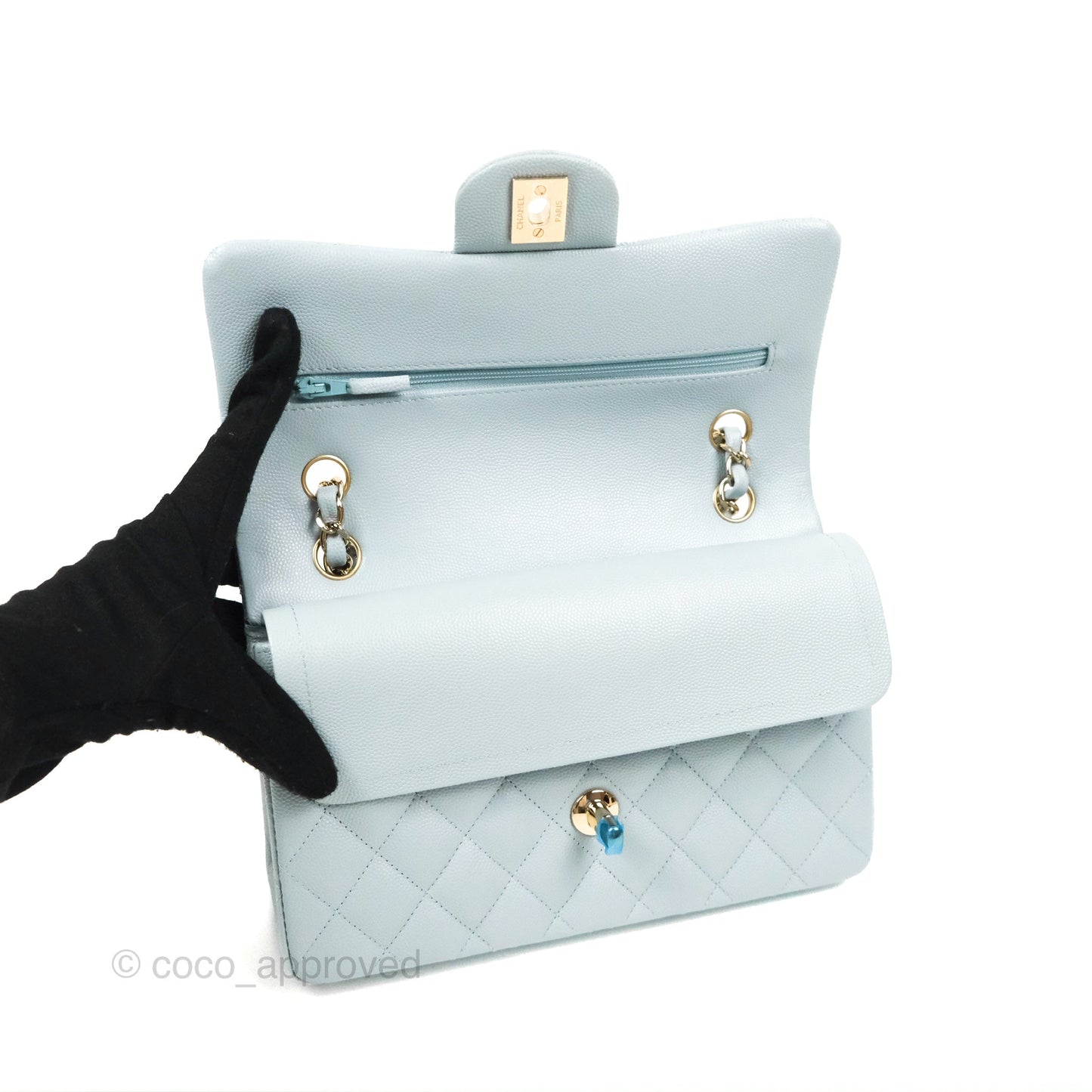 Chanel Small Classic Quilted Flap Light Blue Caviar Gold Hardware 22P