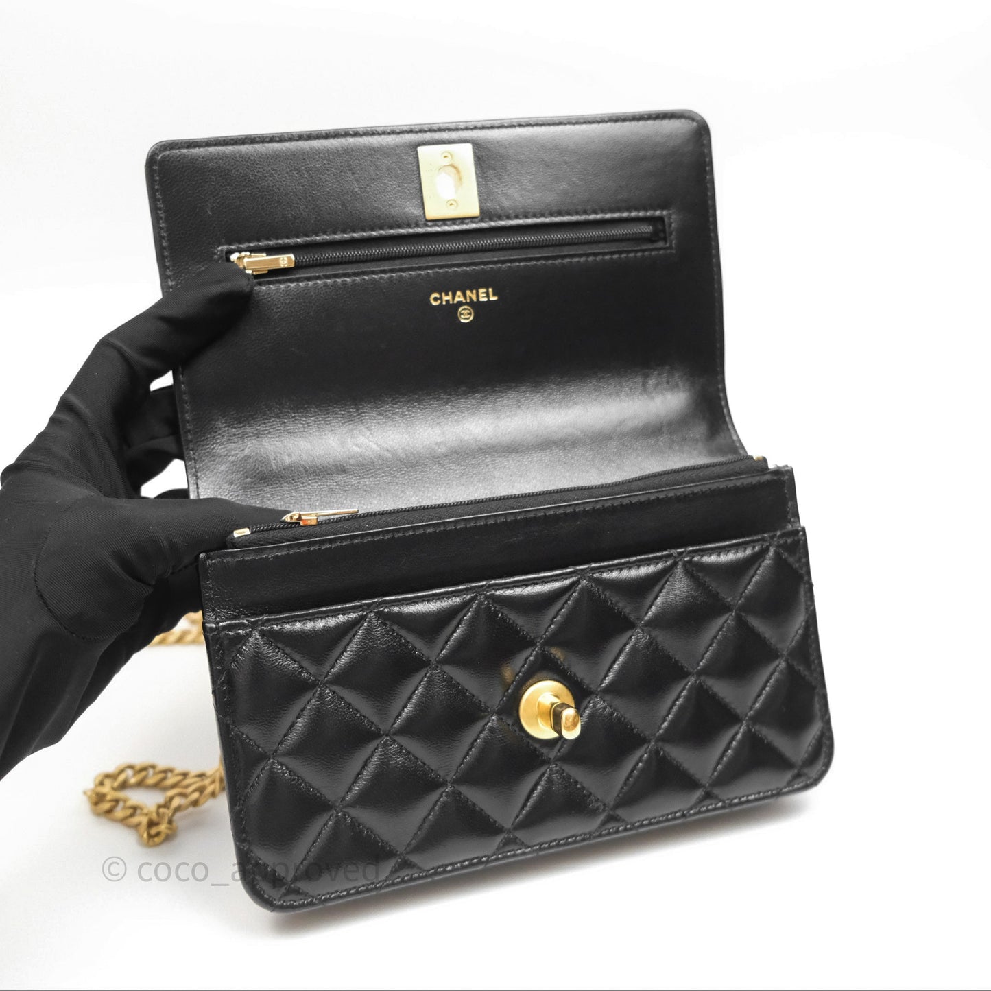 Chanel Heart Adjustable Chain WOC Black Lambskin Aged Gold Hardware 25C