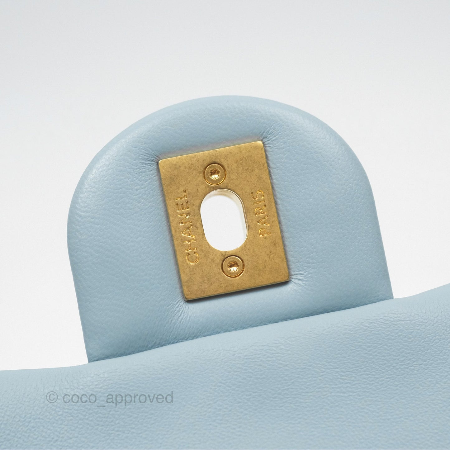 Chanel Quilted Enamel Pending CC Small Square Flap Baby Blue Lambskin 22P