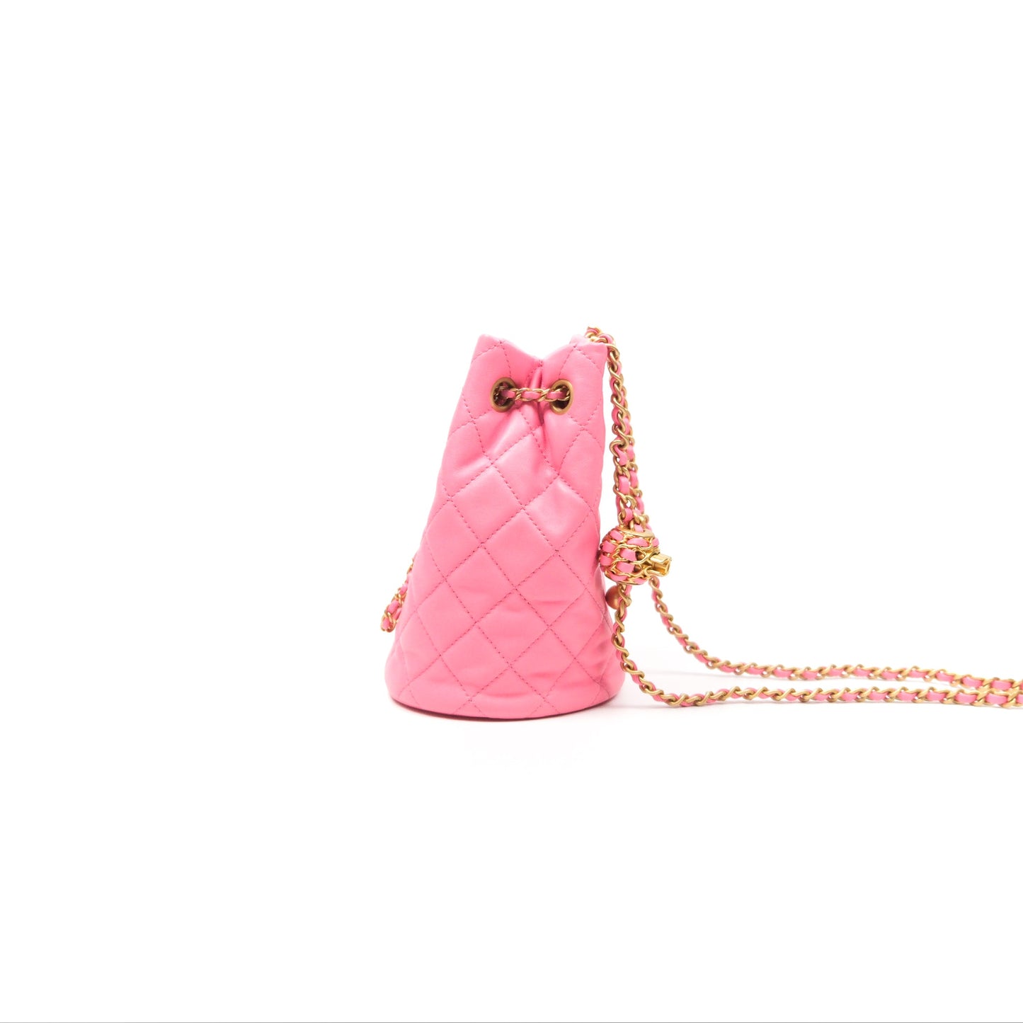 Chanel Pearl Crush Drawstring Bucket Bag Pink Lambskin Aged Gold Hardware