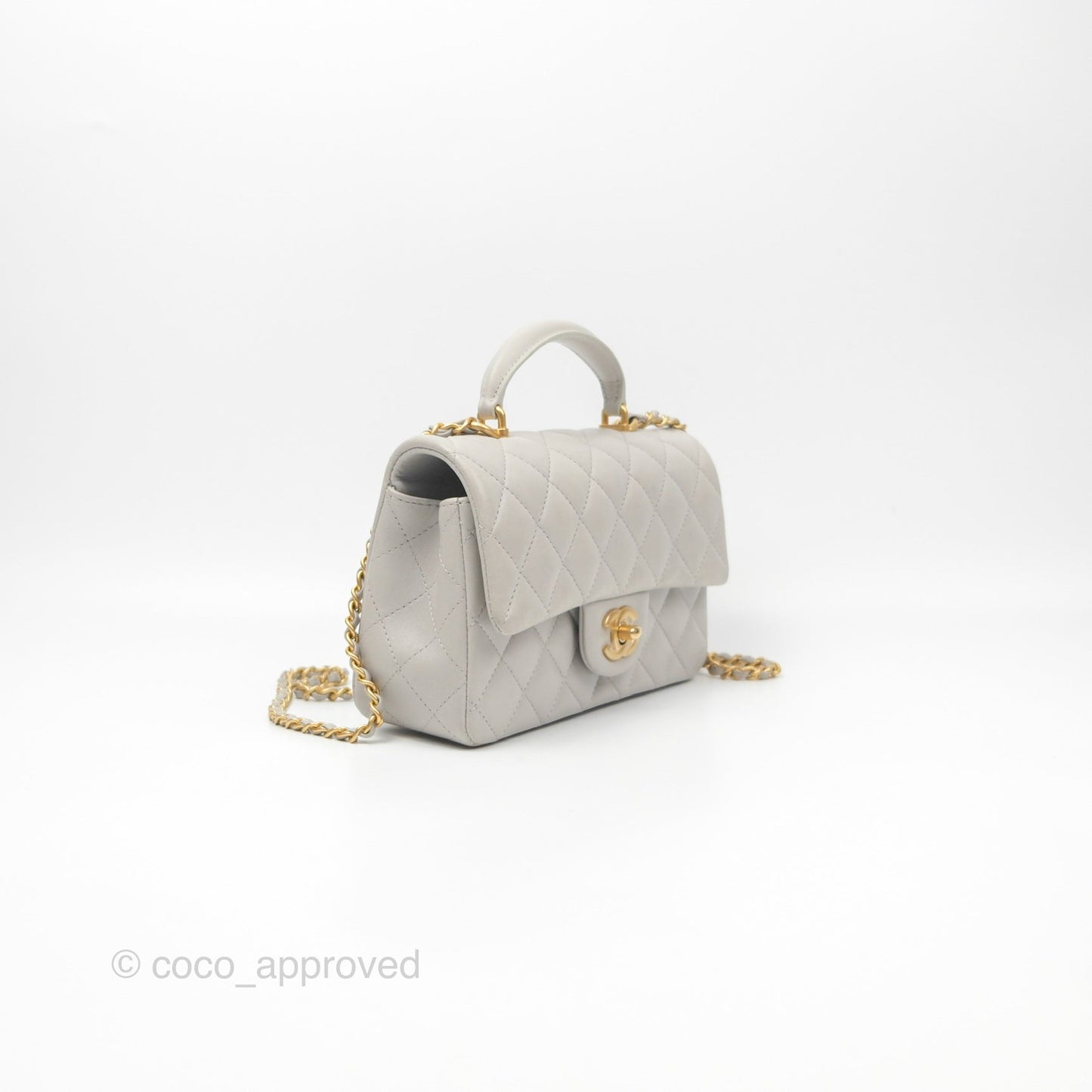 Chanel Top Handle Mini Rectangular Flap Bag Light Grey Lambskin Aged Gold Hardware