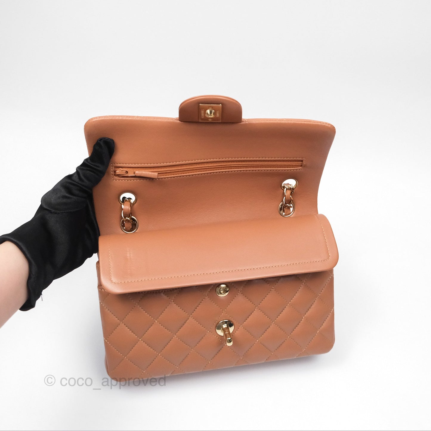 Chanel Small Classic Quilted Flap Dark Beige Caramel Lambskin Gold Hardware
